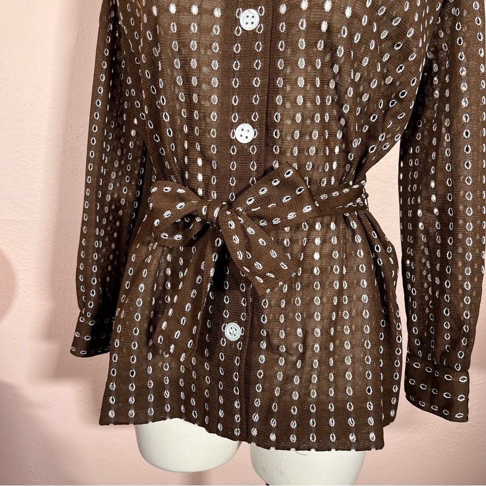 Vintage 1960 70 Dalton MCM Brown lace Tie Waist Belted Button Down shirt Jacket - Picture 16 of 17